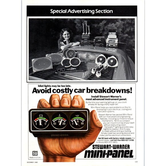 1980 Stewart Warner Mini Panel Instrument Vintage Print Ad Man Cave Wall Art - Picture 2 of 3